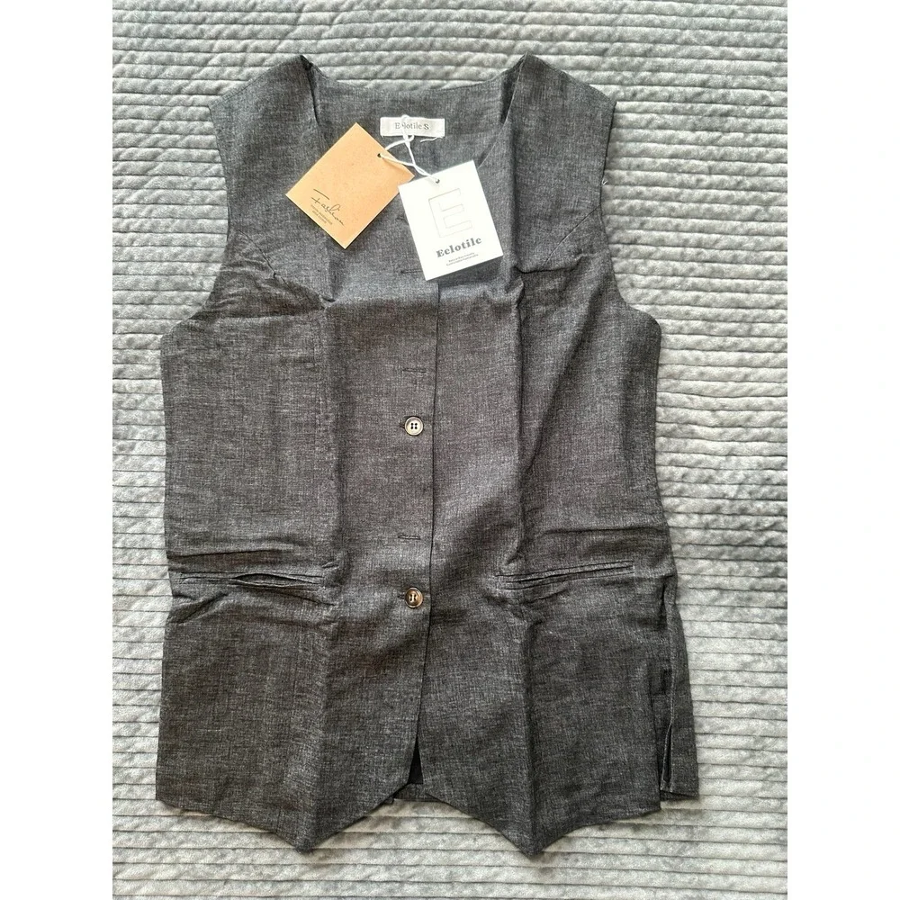 Eelotile Linen Blend Mid Length Sleeveless Button Down Waistcoat Vest Sz Small - Picture 2 of 12